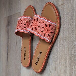 Madeline Women's Bright Orange Embroidered Pearl Slide Sandals